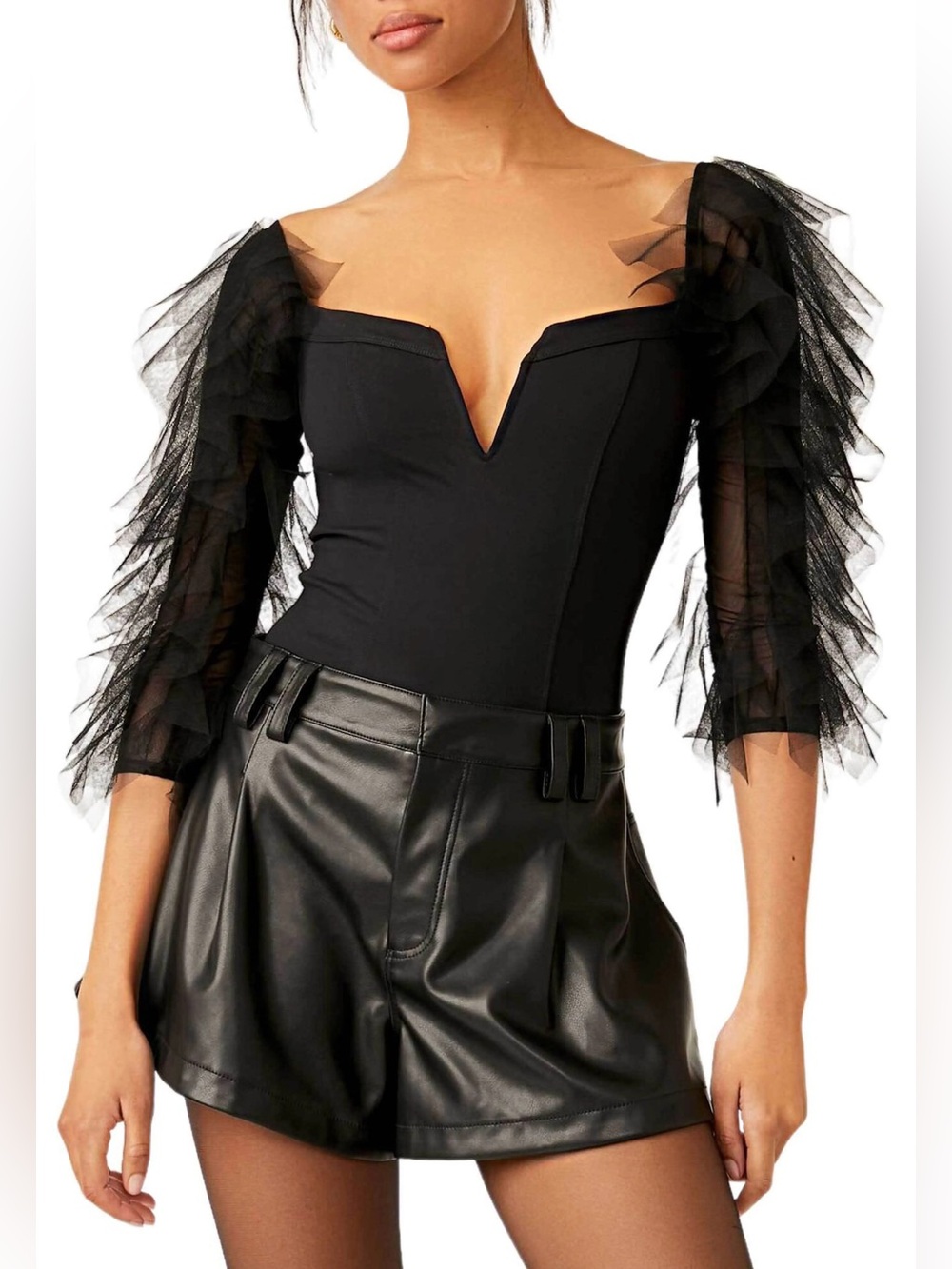 Free People Show Me Love Bodysuit S Black Off Shoulder Tulle Ruffle Sleeve
